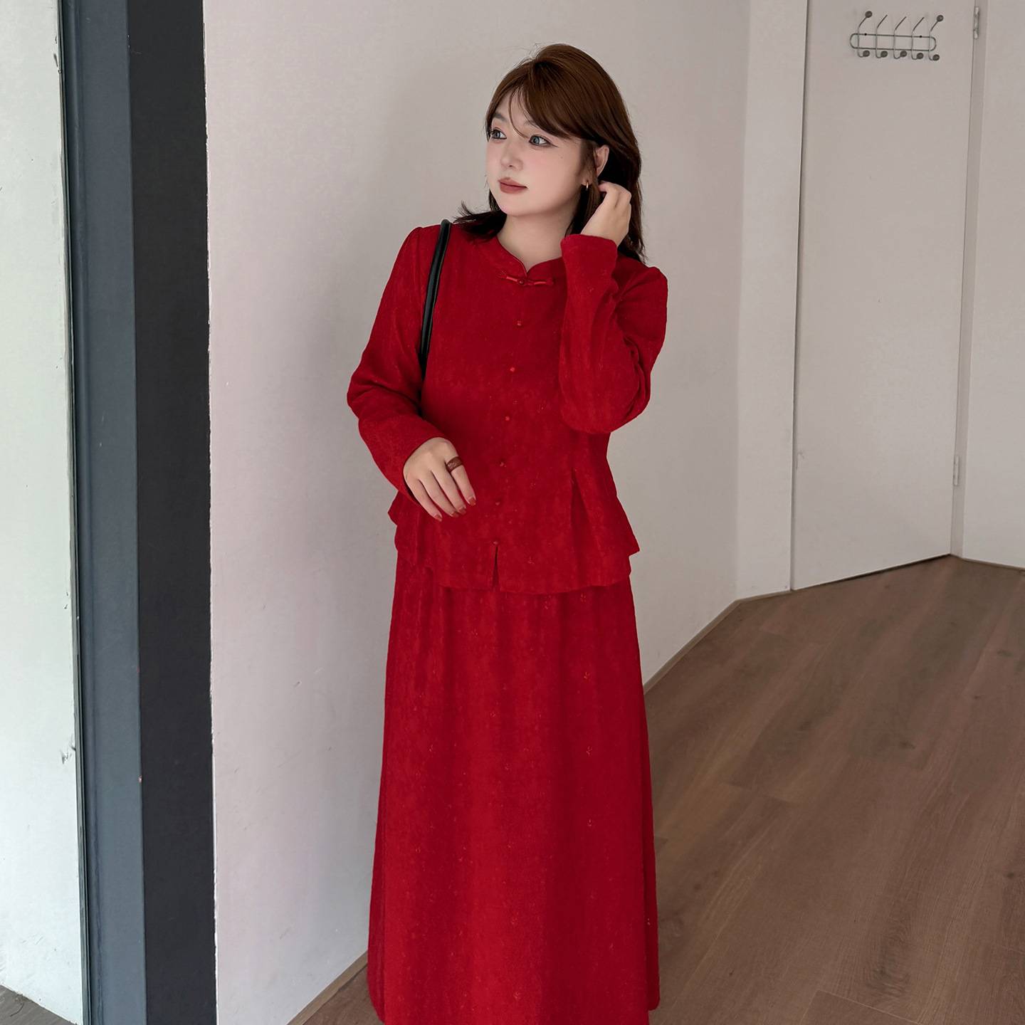 新中式订婚礼服套装秋款大码红色