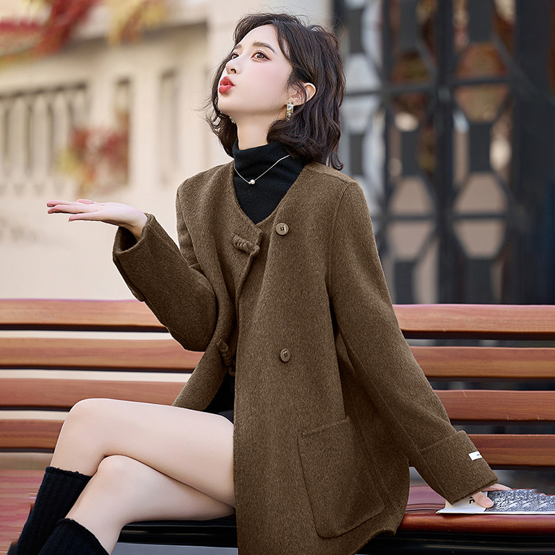 无领双面羊绒大衣女2025春秋毛呢外套