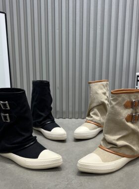 尖头布面裤管靴女2026新款皮带扣套筒休闲短靴西部牛仔靴机车靴女