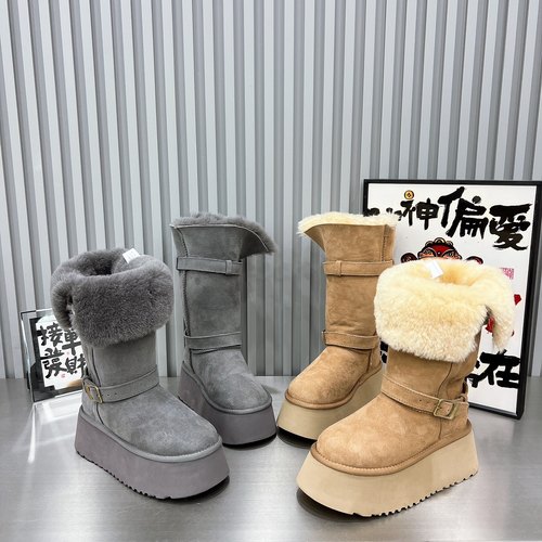 羊皮毛一体毛毛靴翻领两穿皮带扣骑士雪地棉靴厚底长靴小个子女鞋