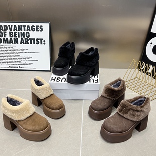 短靴女 磨砂皮厚底超高跟毛口加绒棉鞋 真皮及踝靴女鞋 2025秋冬新款