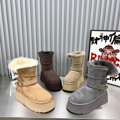 真皮羊皮毛一体毛毛鞋翻边厚底松糕6cm雪地棉靴两穿骑士短靴女鞋