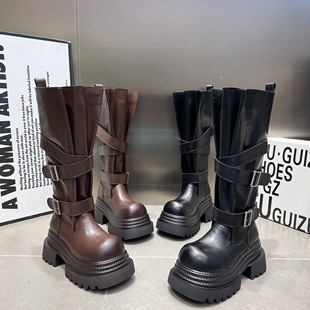 8cm增高长靴女鞋 皮带扣厚底松糕大头马丁靴不过膝高筒靴 2025新款