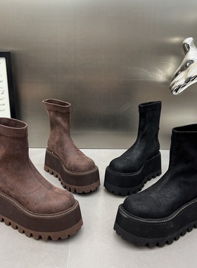 超高跟弹力靴女2925新款厚底松糕瘦瘦靴短靴8cm小个子套筒马丁靴