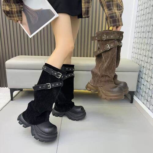 7cm厚底松糕裤管靴女2026新款皮带扣绒面不过膝长靴堆堆靴骑士靴