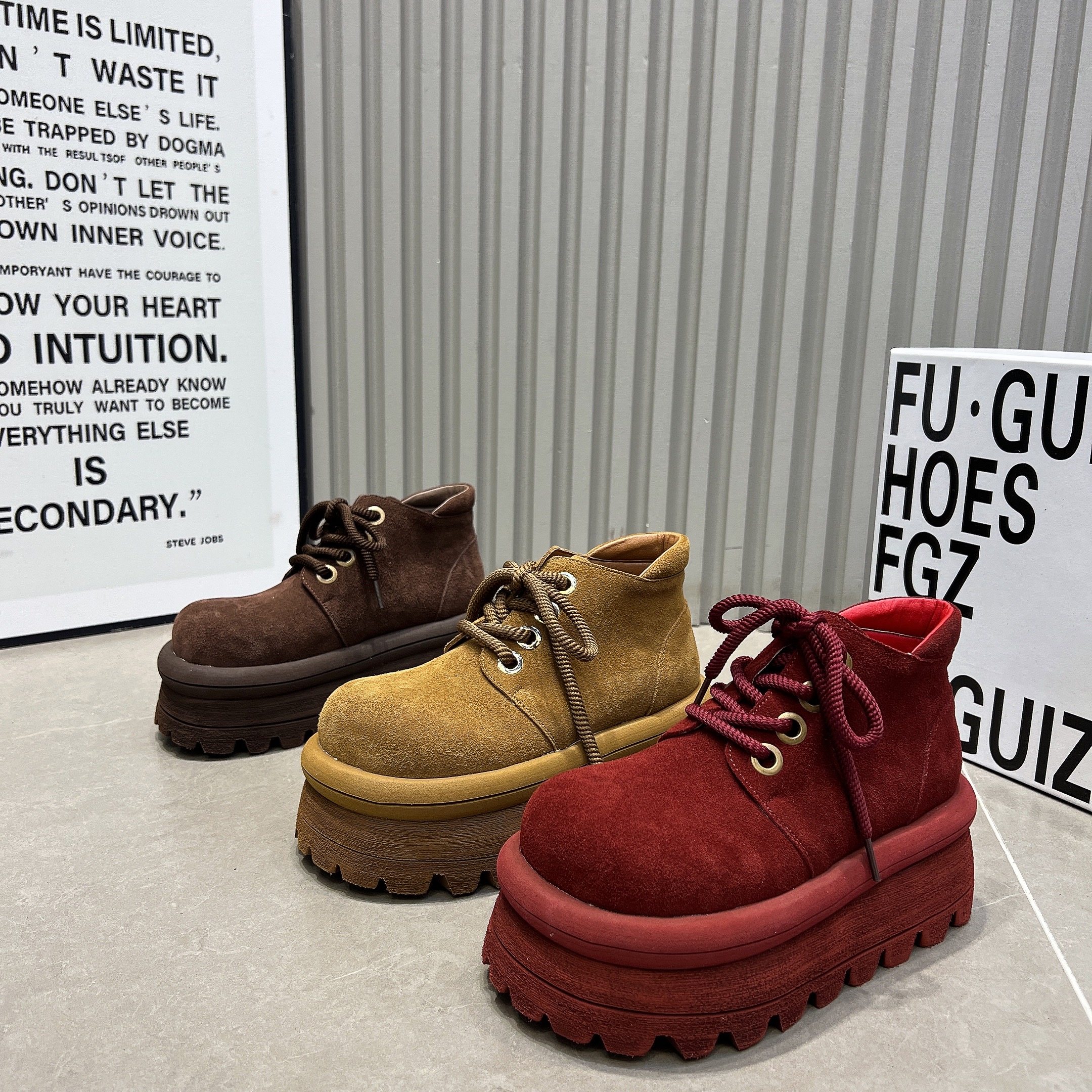 欧货大头厚底及踝靴女2025新款真皮磨砂皮系带高帮鞋短靴休闲鞋女,女鞋,马丁靴,淘宝优惠券,粉丝福利购,淘宝优惠卷