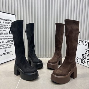 厚底9cm超高跟不过膝长筒靴女2025新款 绒面弹力瘦瘦靴高筒骑士靴