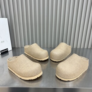 亚麻透气包头半拖鞋女2026新款4cm厚底内增高懒人休闲包头半拖鞋