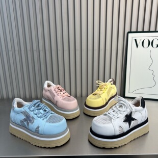 透气单鞋 6cm厚底松糕休闲鞋 时尚 星星网面系带增高鞋 女 女2026新款