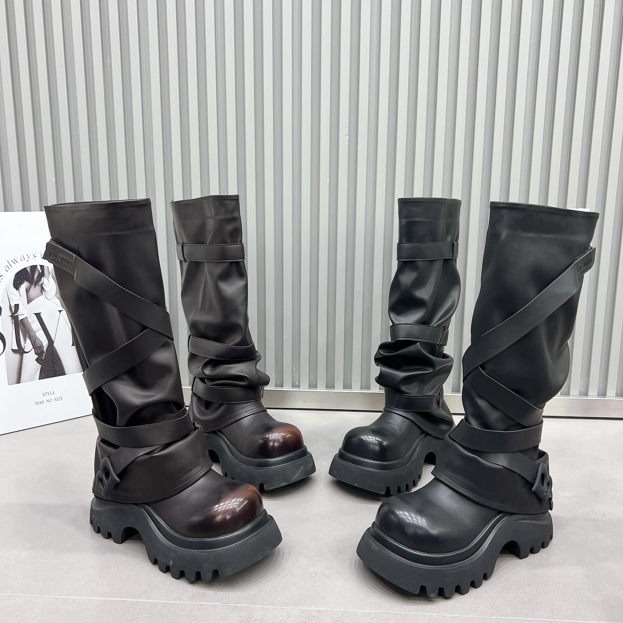 废土风棕色高跟厚底骑士靴长筒靴女2025皱皱高筒堆堆长靴子