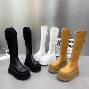 不过膝长靴女2025新款 厚底8cm松糕瘦瘦靴小个子高筒靴圆头骑士靴