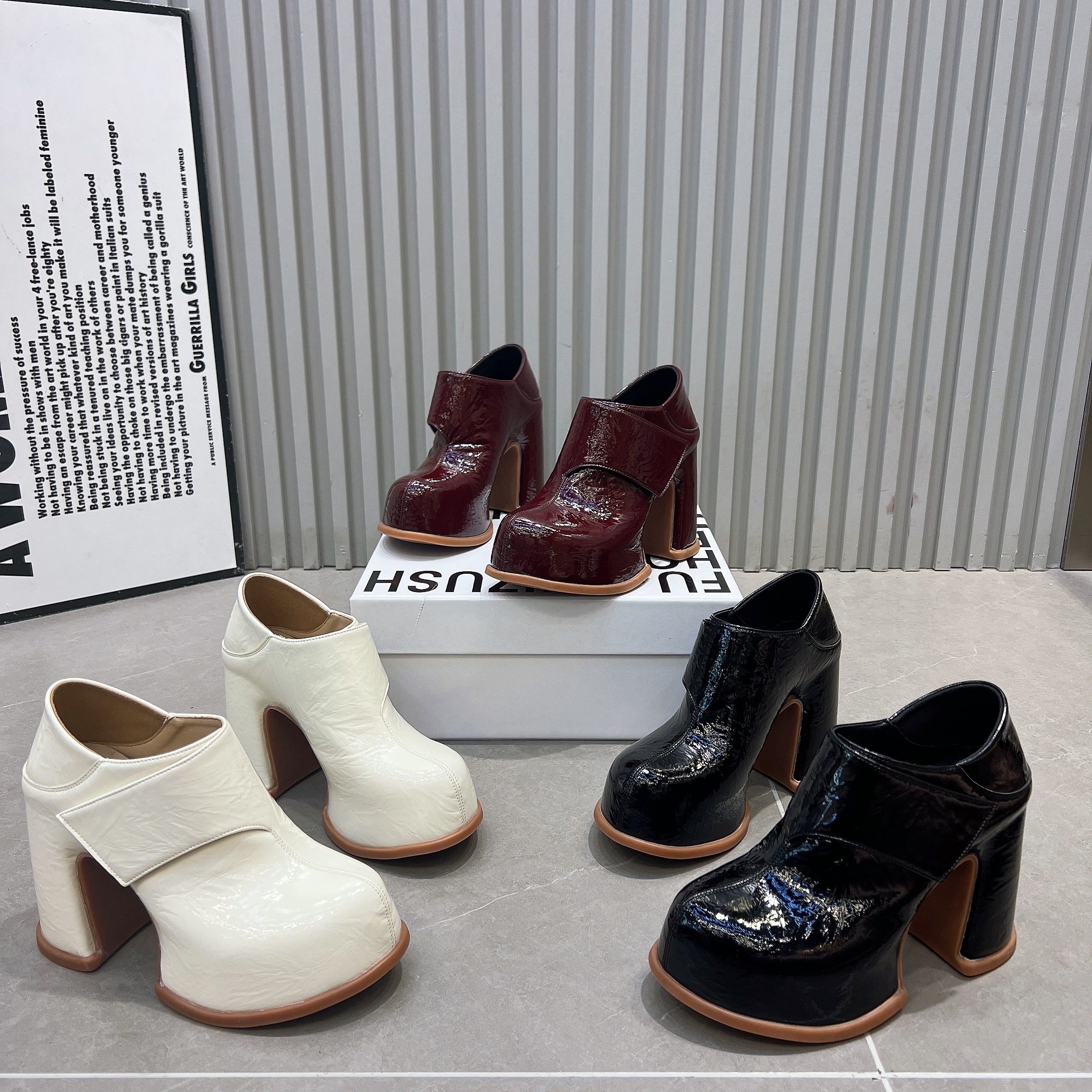 10cm超高跟漆皮单鞋女2025新款魔术贴两穿低帮鞋及踝靴黑色工装鞋