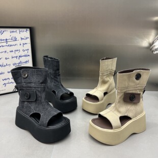 欧货露趾凉靴女2026新款 靴套筒短靴女 牛仔布7cm厚底松糕镂空时装