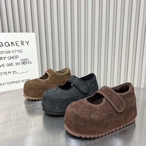 磨砂皮厚底内增高5cm一字带玛丽珍鞋魔术贴加绒低帮鞋棉瓢鞋女鞋