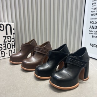 欧货2026新款厚底粗跟单鞋女10cm超高跟圆头浅口低帮鞋码玛丽珍鞋