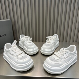 低帮面包鞋 女5cm厚底松糕休闲鞋 透气网面系带小白鞋 2026春夏新款