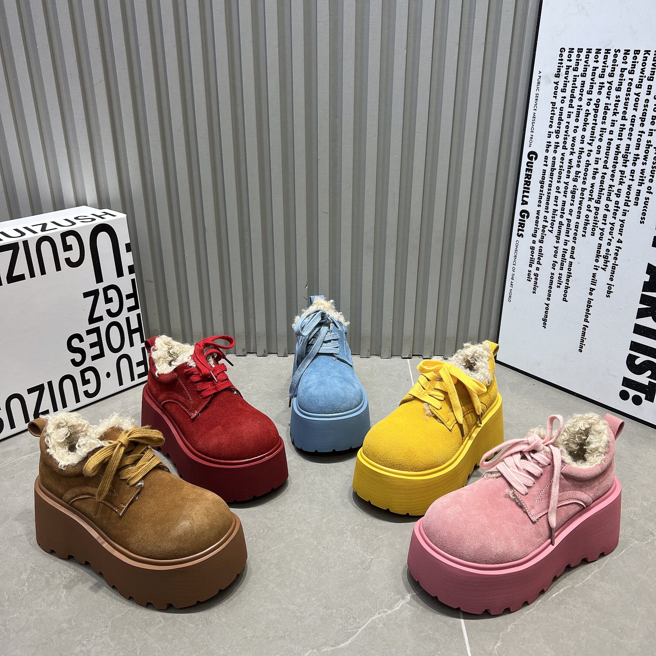 磨砂皮7cm小个子大头毛毛鞋厚底松糕乐福鞋糖果色系带小皮鞋女鞋