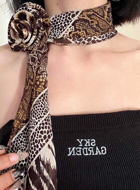 复古Y2K豹纹玫瑰薄款长条围巾