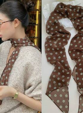 棕色波点春夏薄款细长飘带丝巾