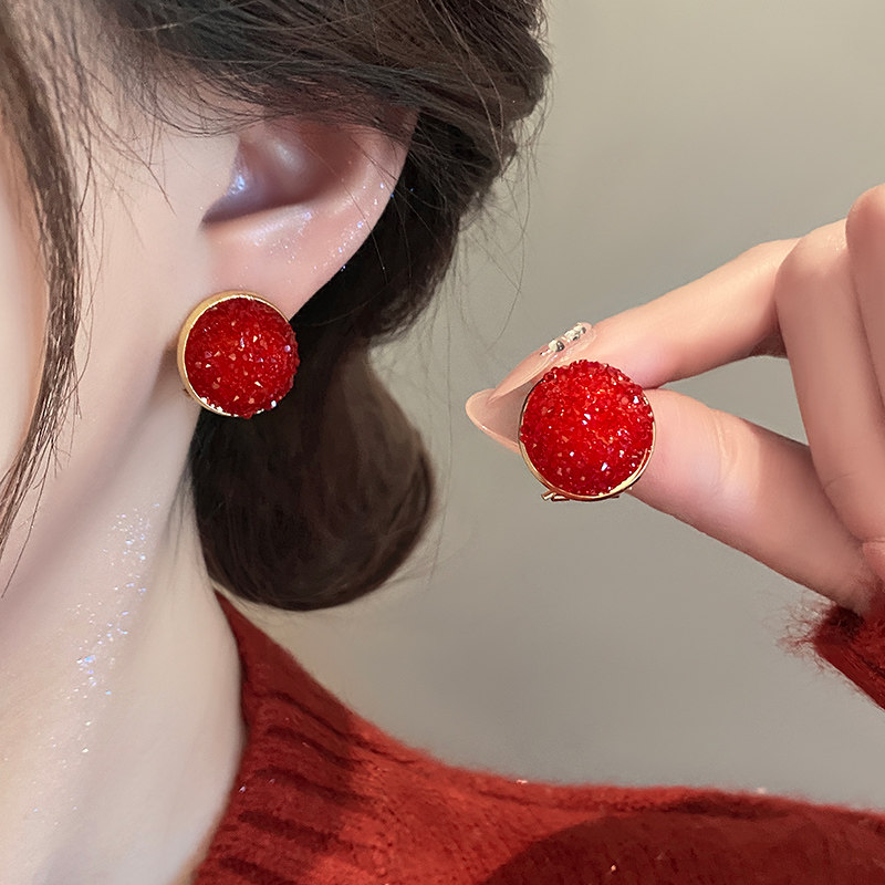 新年红色闪钻圆形耳钉气质大气百搭简约港风耳环女时尚精致耳饰