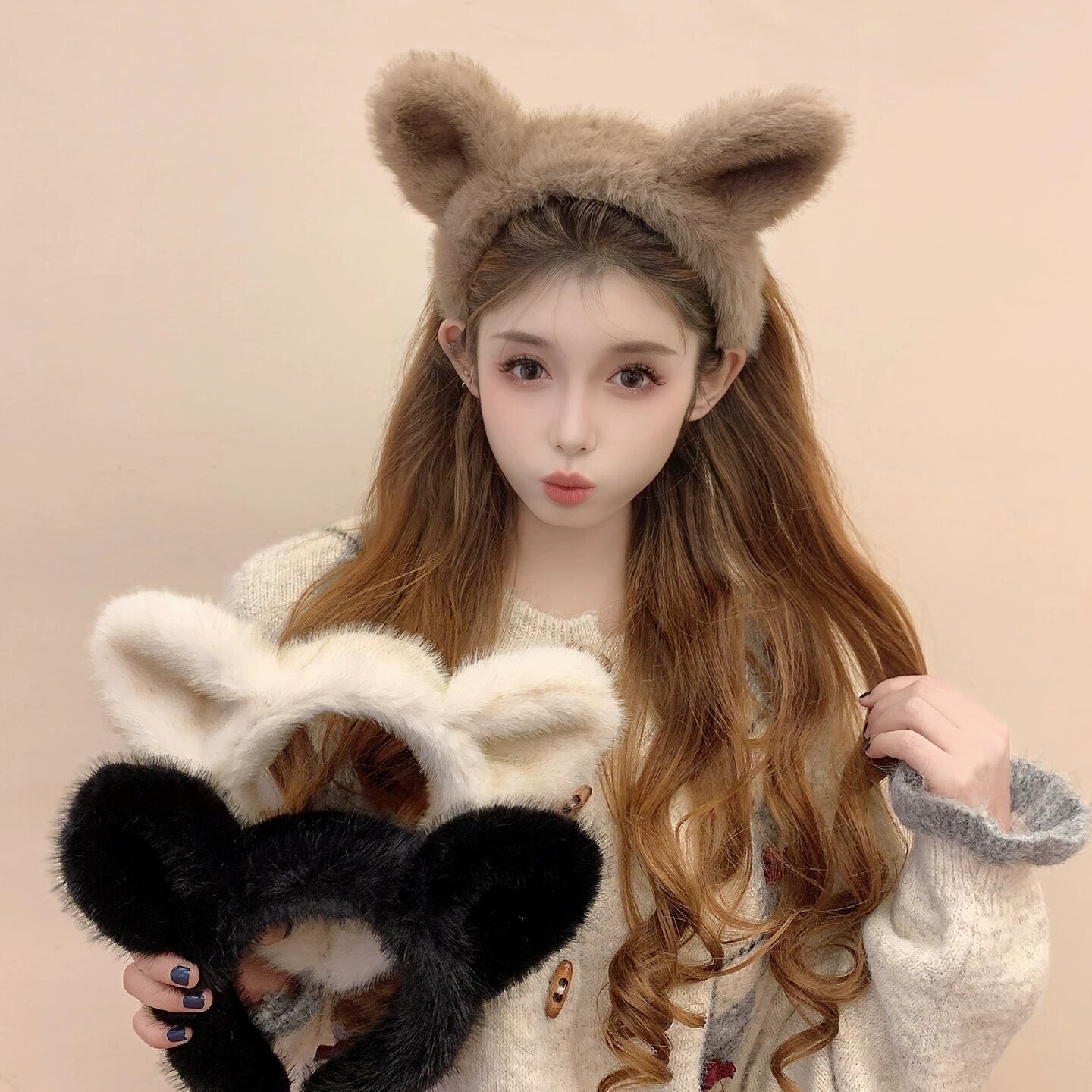 秋冬保暖毛绒小熊兔耳发箍