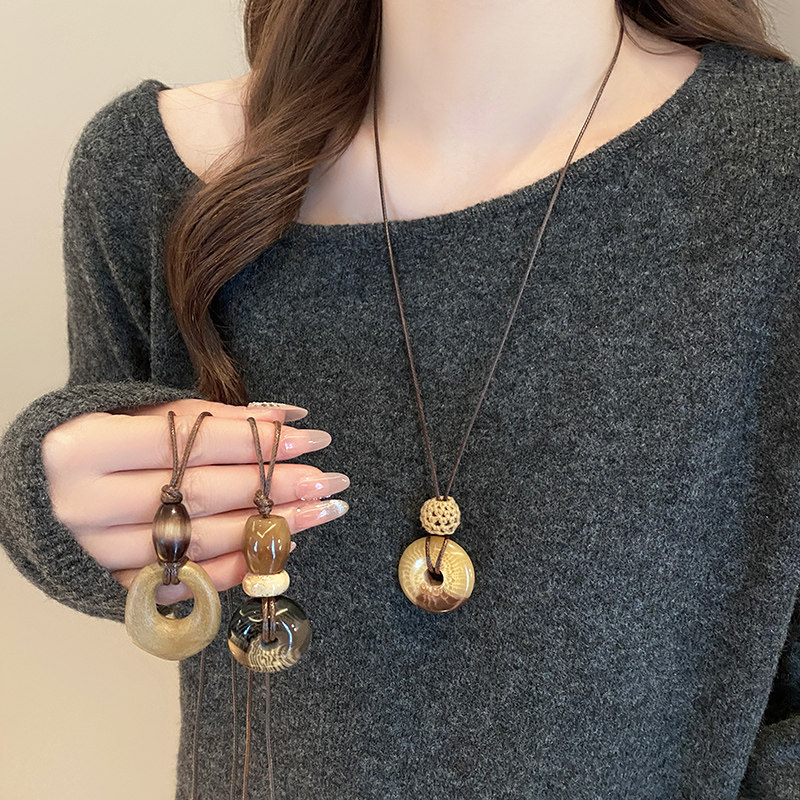 新中式晕染不规则长款项链女小众设计秋冬毛衣链复古挂脖吊坠配饰