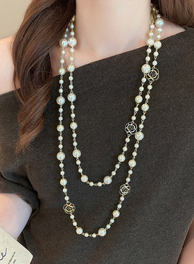 小香风双层叠戴珍珠项链女