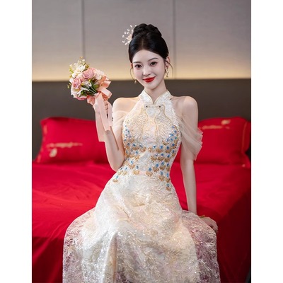 香槟色订婚晚礼服裙女轻奢小众挂脖新中式新娘敬酒服结婚晨袍旗袍