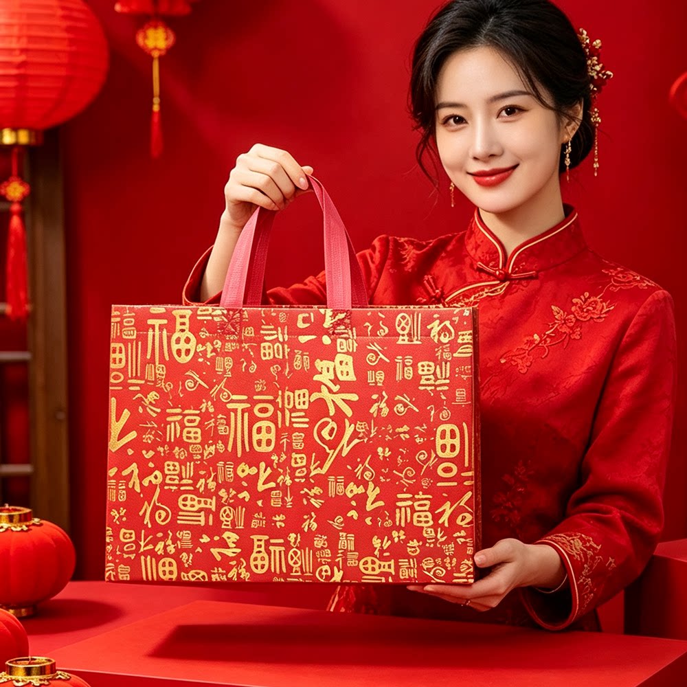 新年无纺布手提袋红色礼品袋结婚伴手礼袋子福字烟酒袋年货礼品袋