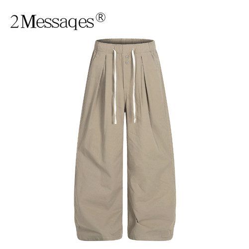 2Messages 美式复古水洗阔腿裤显瘦高腰抽绳宽松垂感男休闲长裤