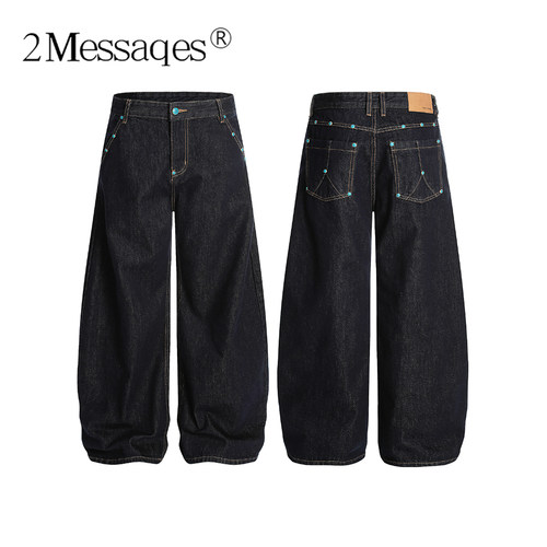 2Messages美式复古绿松石撞钉赤耳阔腿弯刀牛仔裤做旧男宽松裤潮
