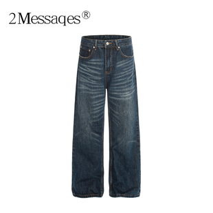2Messages 美式复古猫须水洗做旧直筒牛仔裤男cleanfit高级感长裤