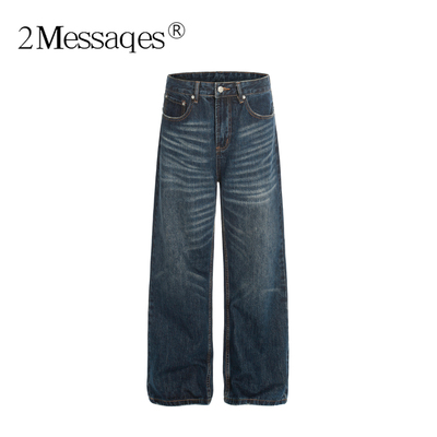 2Messages 美式复古猫须水洗做旧直筒牛仔裤男cleanfit高级感长裤