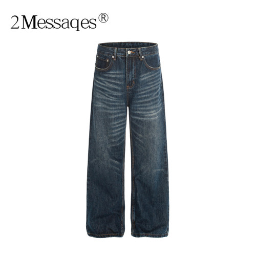 2Messages 美式复古猫须水洗做旧直筒牛仔裤男cleanfit高级感长裤