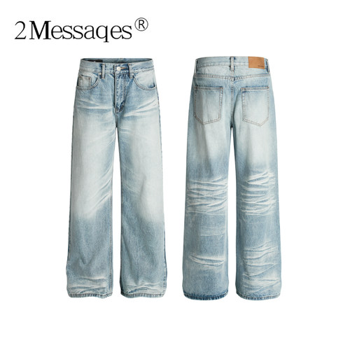 2Messages 美式高街水洗做旧牛仔裤男猫须纹垂感阔腿直筒休闲长裤