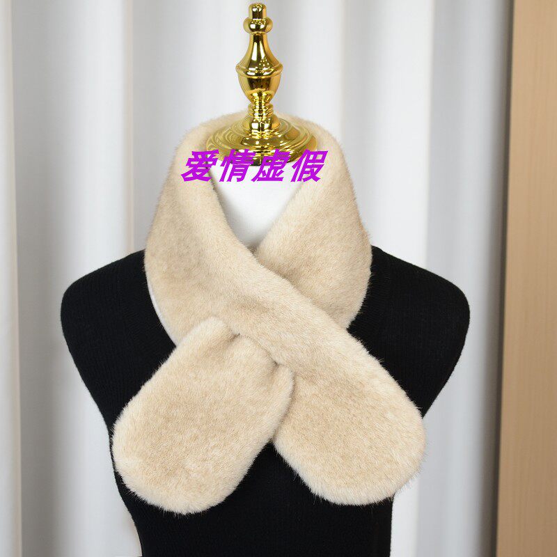 韩版仿皮草围巾女冬季加厚保暖百搭交叉围脖浅灰色长方形