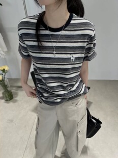 新款 针织衫 韩版 百搭显瘦圆领宽松显瘦撞色条纹短袖 女 时尚 2026夏季