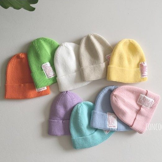 韩国进口婴幼儿糖果色针织帽子男女童时尚百搭字母套头粽子帽