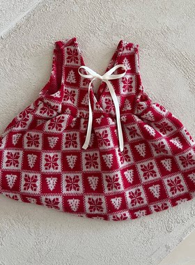韩国进口婴幼童装女童新年红色针织连衣裙冬款雪花圣诞树背心裙