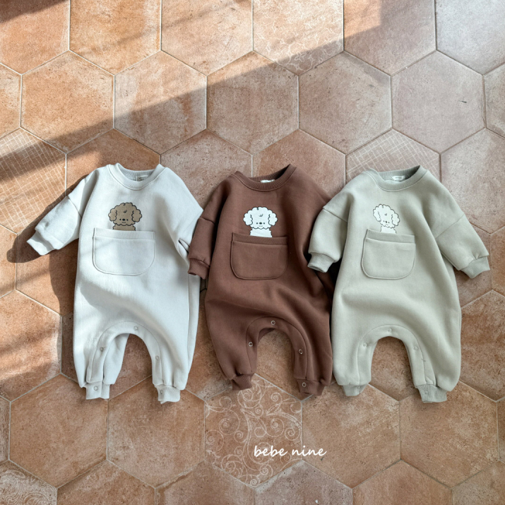现货韩国进口婴儿可爱卡通泰迪狗狗加绒爬服冬款休闲口袋连体卫衣