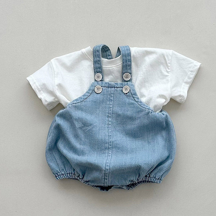 现货韩国进口婴儿夏季可爱柔软牛仔背带爬服套装韩系包屁田鸡裤