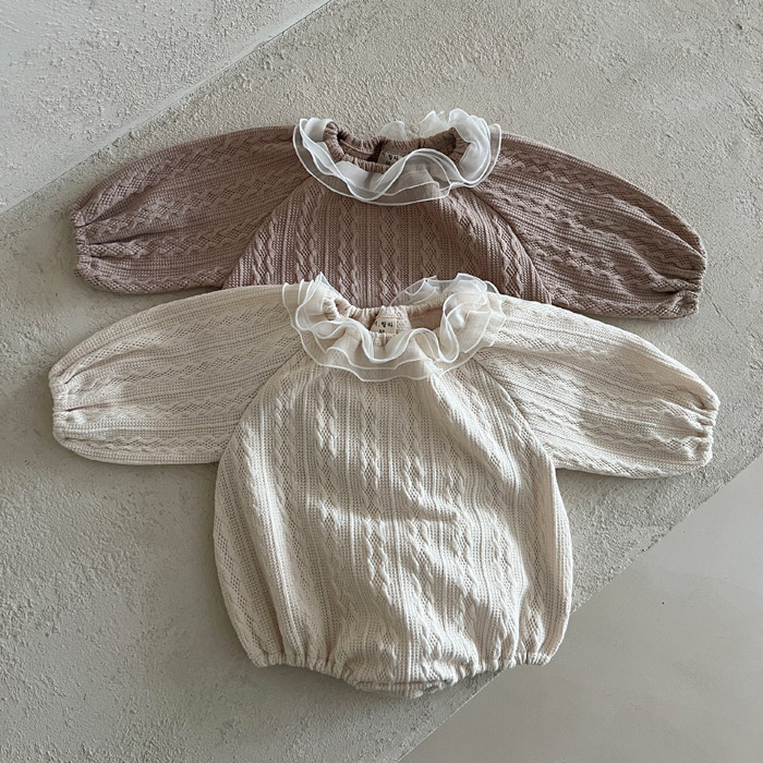 现货韩国进口婴儿女宝宝可爱甜美荷叶领针织爬服春秋包屁连体衣