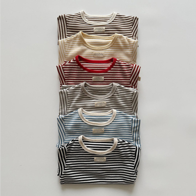 现货韩国进口婴幼童装秋冬条纹长袖T恤圆领修身德绒打底衫AOSTA