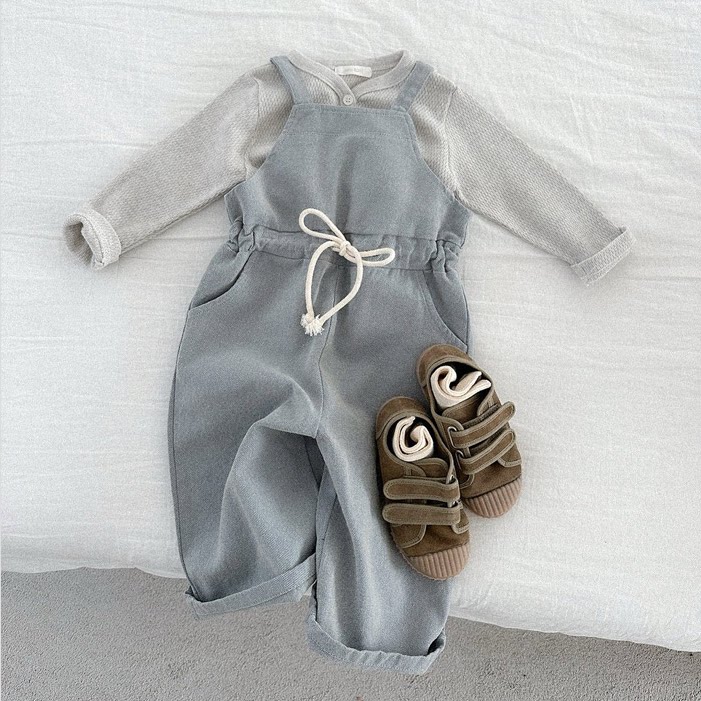 韩国进口婴幼童装春秋新款简约日系抽绳高腰背带裤休闲直筒连体裤