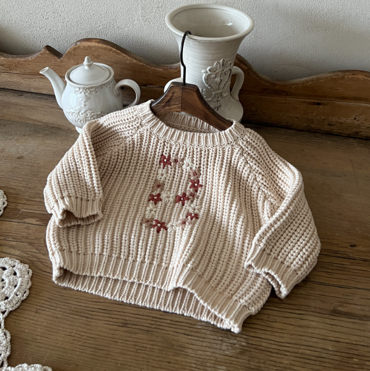 现货韩国进口婴幼童装精致洋气绣花粗线毛衣女童秋冬季针织套头衫