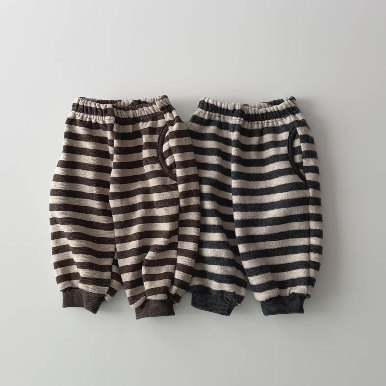 现货韩国进口婴幼童装秋冬款舒适条纹加绒休闲裤百搭运动束脚卫裤