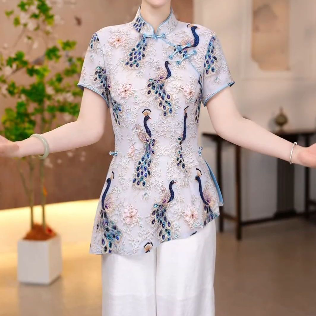 2026夏季新款国风短袖两件套高档芙蓉丝中式优雅洋气上衣裤子套装