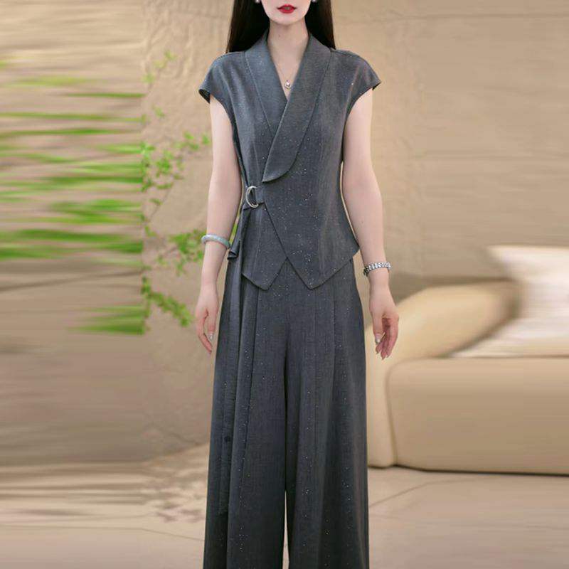 2026新款夏季灰色两件套套裤女休闲风收腰衬衫显瘦通勤阔腿裤套装