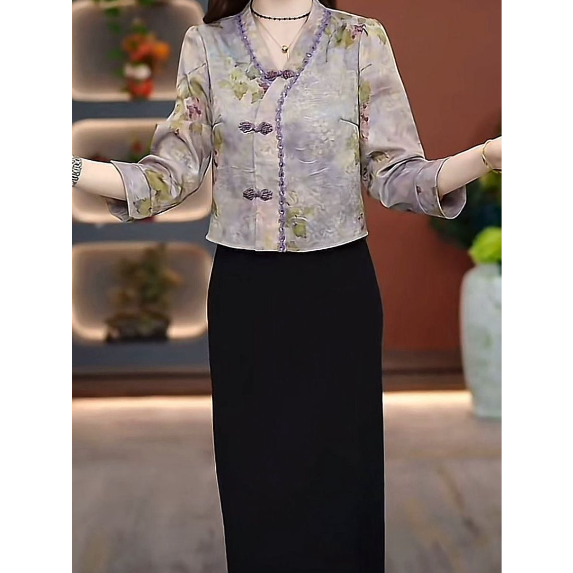 2026春夏新款气质修身显瘦新中式裙子水晶琉璃丝假两件套装连衣裙