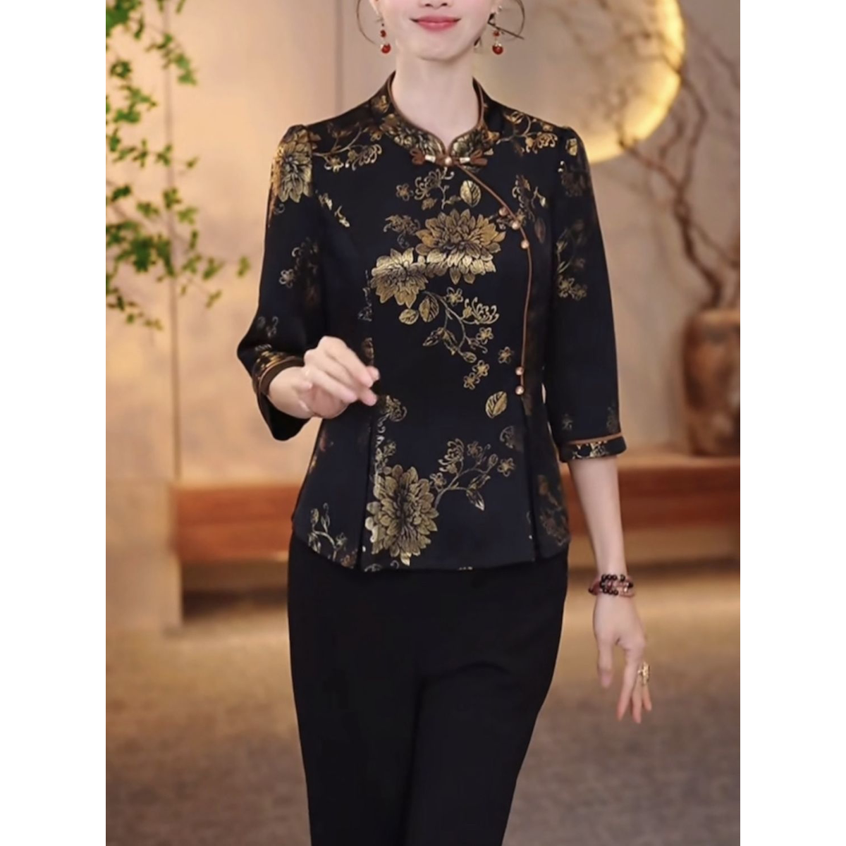 2026夏季新款洋气大码显瘦时尚套装桑波珍珠缎中式上衣裤子两件套